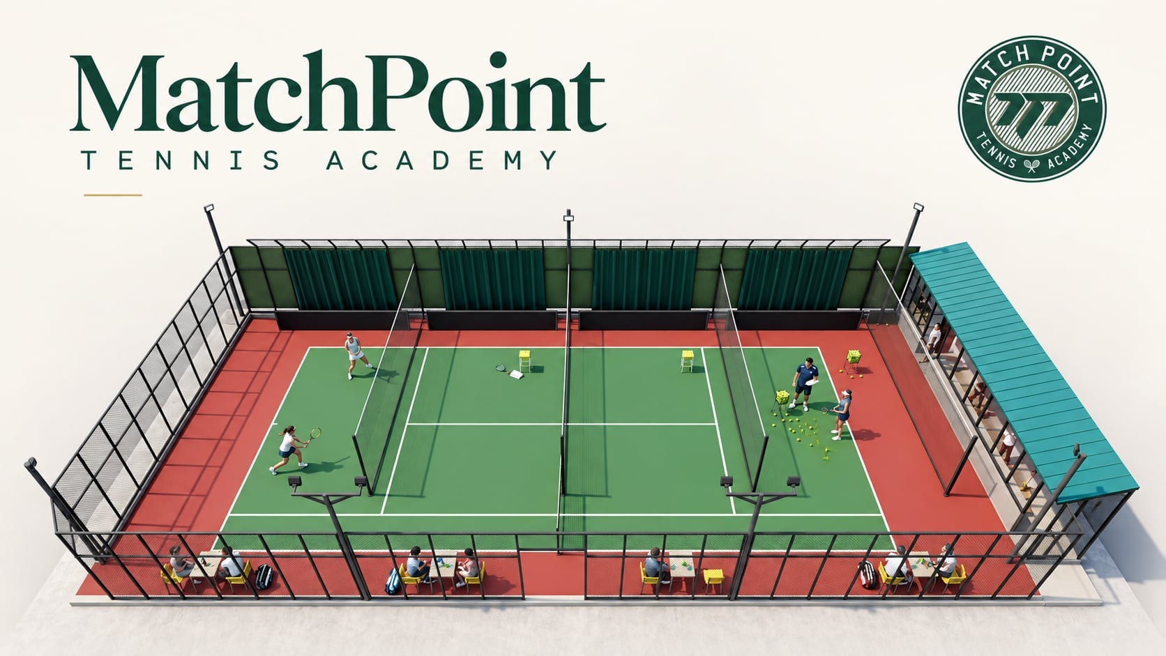 The Match Point court divided into training stations, with a coach running drills